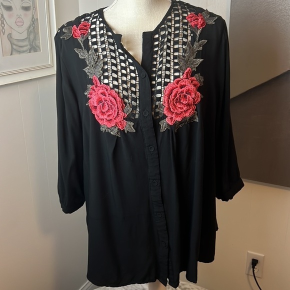 JJ Fairyland Black Peasant Blouse Size Large - Picture 5 of 16